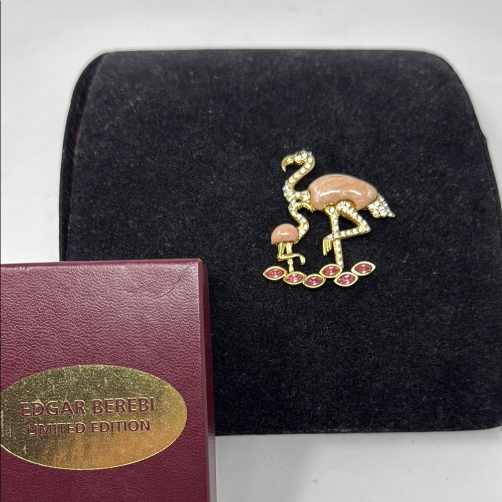 Berebi Flamingo Mama Baby Pink Rhinestone Enamel Le Gold Tone Pin Brooch In Box 40$